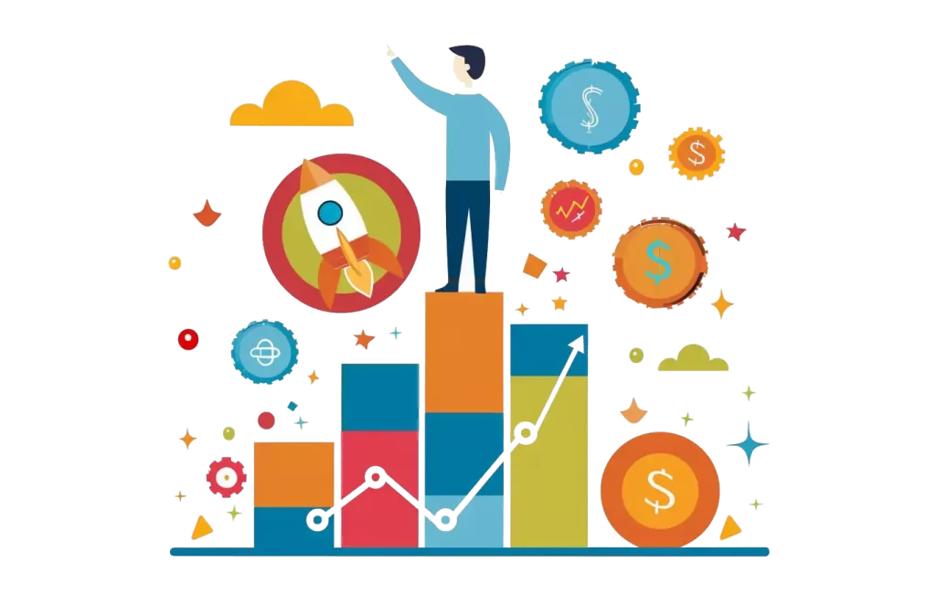 Businessman pointing at the top of a bar graph representing business growth