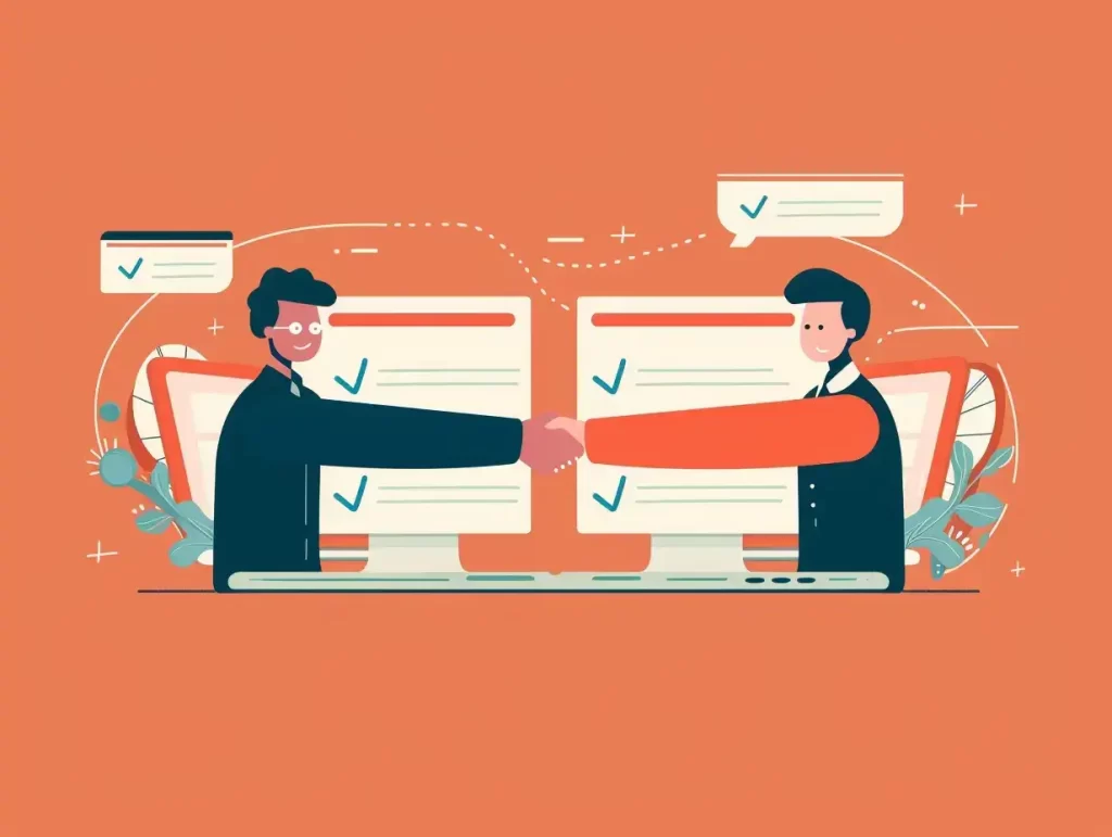 Two business professionals shaking hands over open laptops to seal a digital agreement