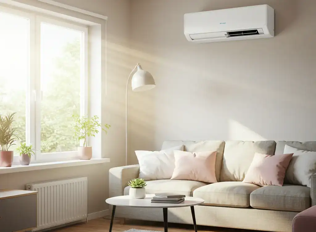 Bright living room with air conditioner and sunlight through the window.