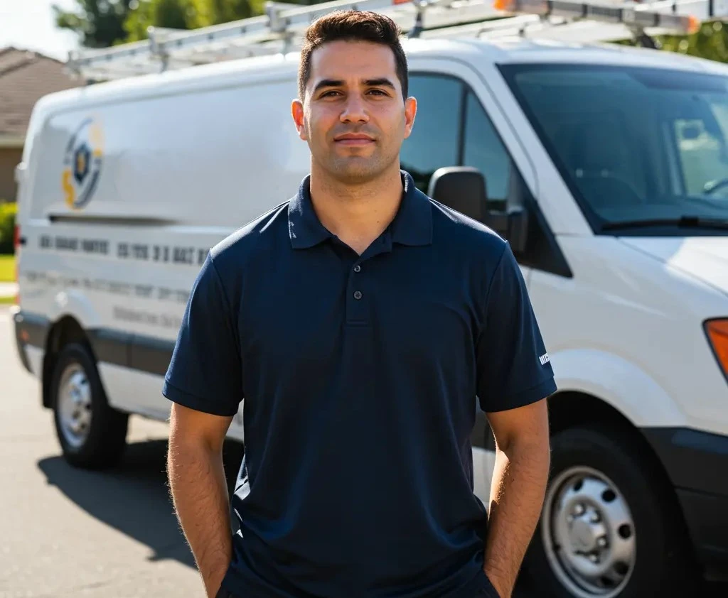 Plumber standing in front of van