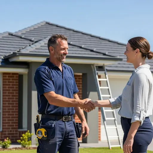 Roof contractor and client shaking hands outside a house.